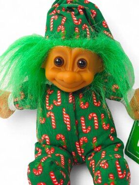 Russ Troll Doll Candy Cane Pajamas Green Hair Vintage Plush 2385